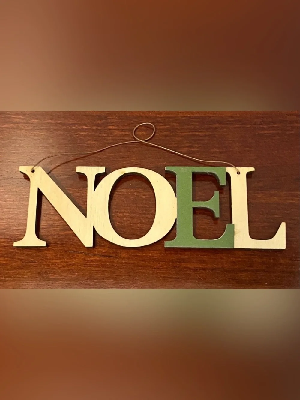 Noel Cream Green Wood Wire Hanging Holiday Christmas Ornament